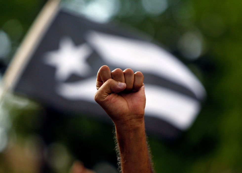 Raised fist in front of black and white Puerto Rican flag at protest