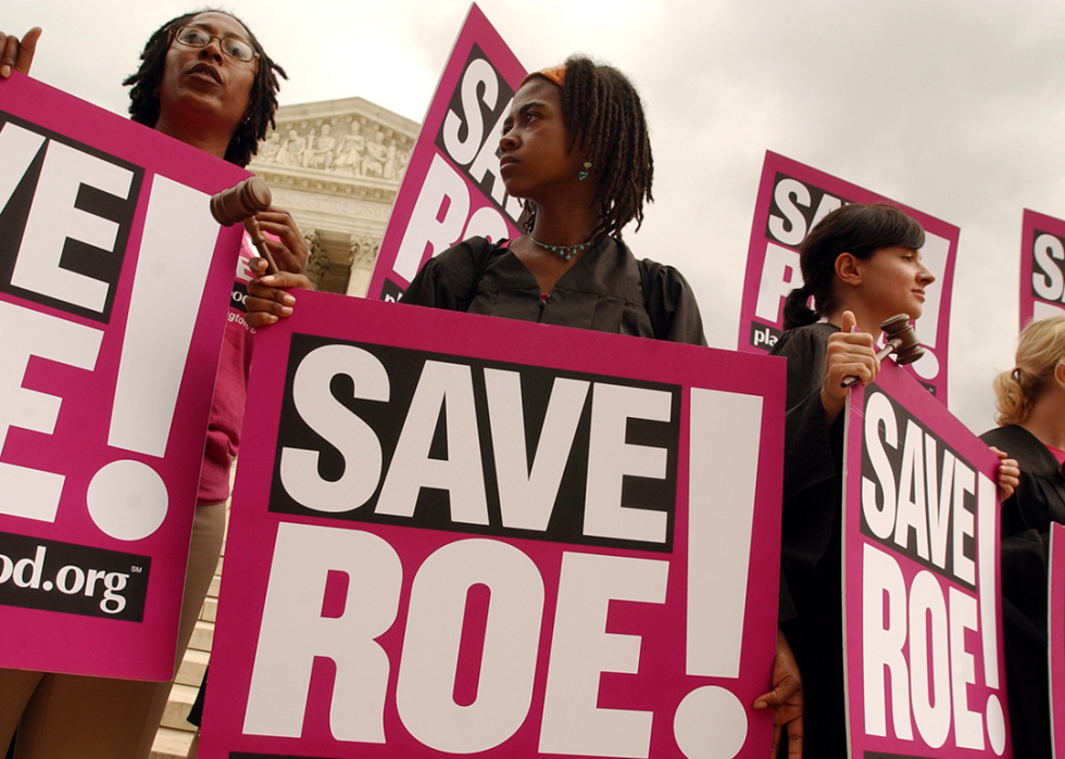 Demonstrators display Save Roe! signs in front of the Supreme Court.