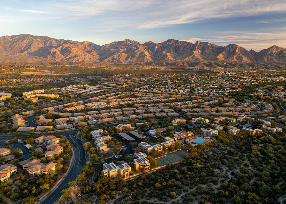 Aerial sunset view of Pro Valley and mountains.