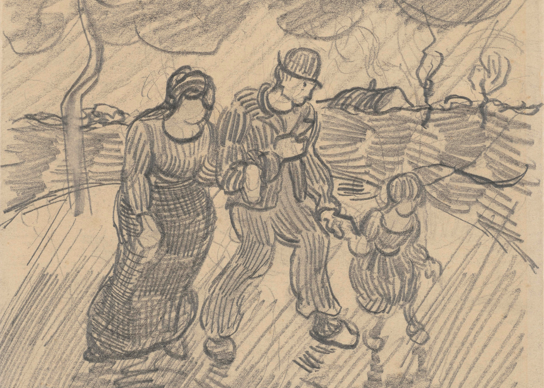 Vincent van Gogh’s sketch ‘Strolling Couple With Child On A Road In The Rain’.