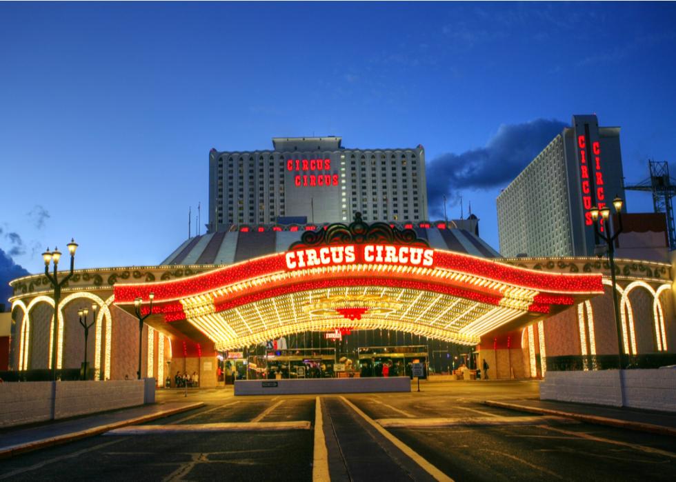 A nighttime view of main entrance of Circus Circus.
