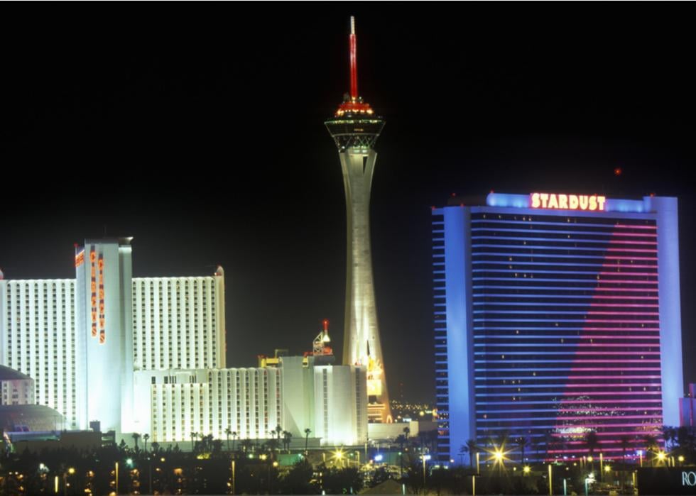 A view of the Vegas skyline including the Stardust and Stratosphere hotels.