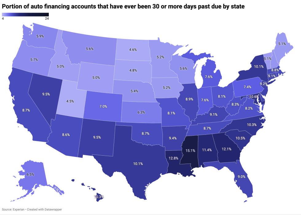 An image of a heat map showing states with the highest percentage of auto financing accounts ever 30 or more days past due.