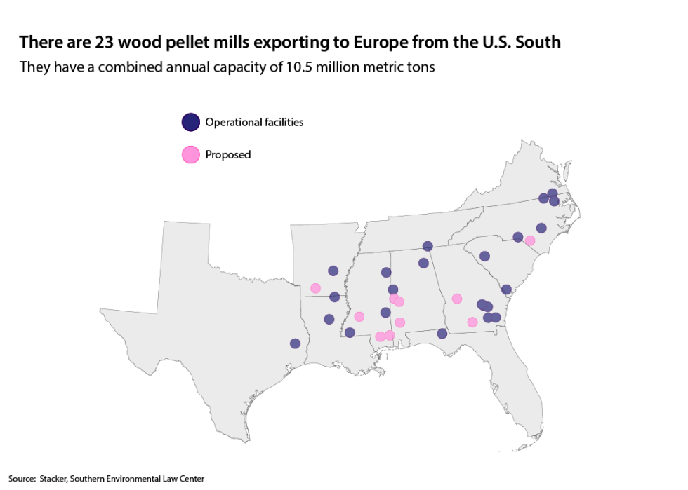 Map showing operational and proposed wood pellet facilities in the U.S. South