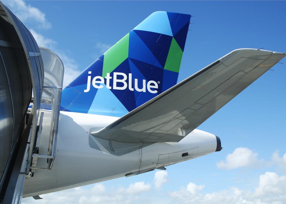 A JetBlue airplane awaits boarding
