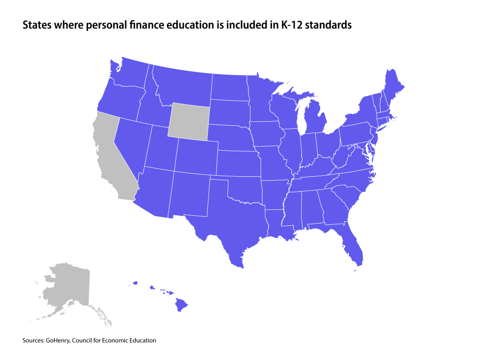 Map of states where personal finance education is included in k-12 educational standards