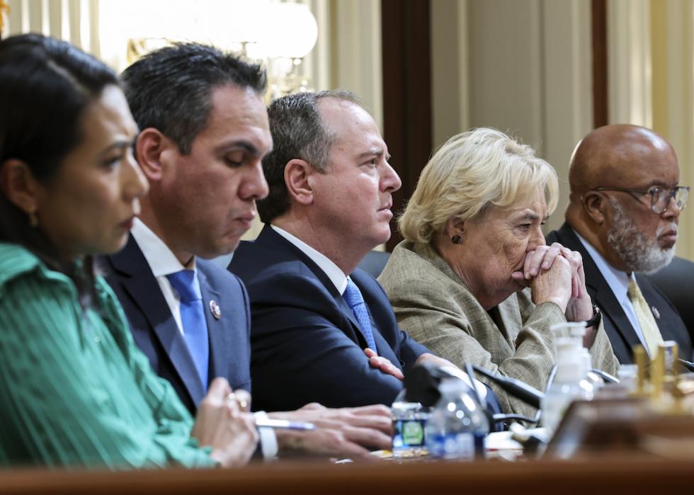 (L-R) U.S. Rep. Stephanie Murphy (D-FL), Rep. Peter Aguilar (D-CA), Rep. Adam Schiff (D-CA), Rep. Zoe Lofgren (D-CA), and Rep. Bennie Thompson (D-MS), Chair of the Select Committee to Investigate the January 6th Attack on the U.S. Capitol, listen during a hearing held to investigating January 6 on June 09, 2022 in Washington, DC.