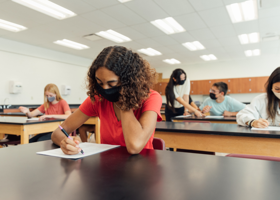 Female high school student wearing face mask in class