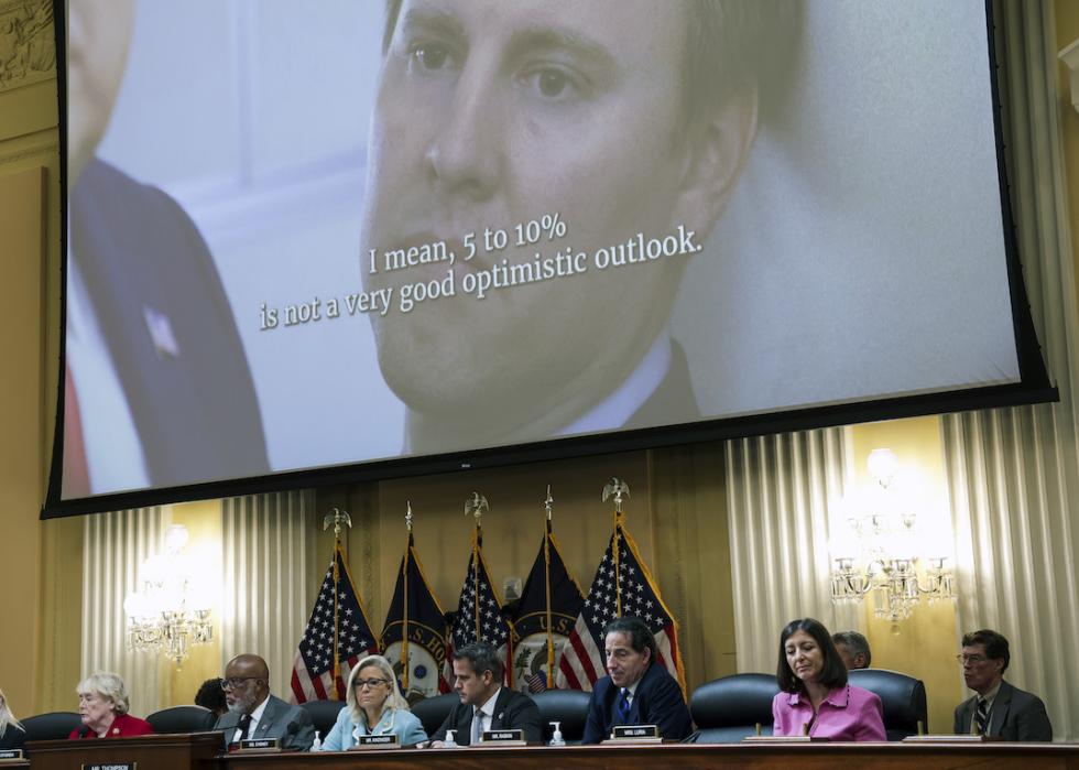 Video featuring, William Stepien, former President Trump's campaign manager, is played during a hearing by the Select Committee to Investigate the January 6th Attack on the U.S. Capitol in the Cannon House Office Building on June 13, 2022 in Washington, DC.