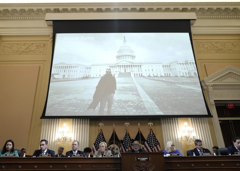 Enrique Tarrio, leader of the Proud Boys, a far-right militia group, is seen on a screen during a hearing by the Select Committee to Investigate the January 6th Attack on the U.S. Capitol on June 09, 2022 in Washington, DC.