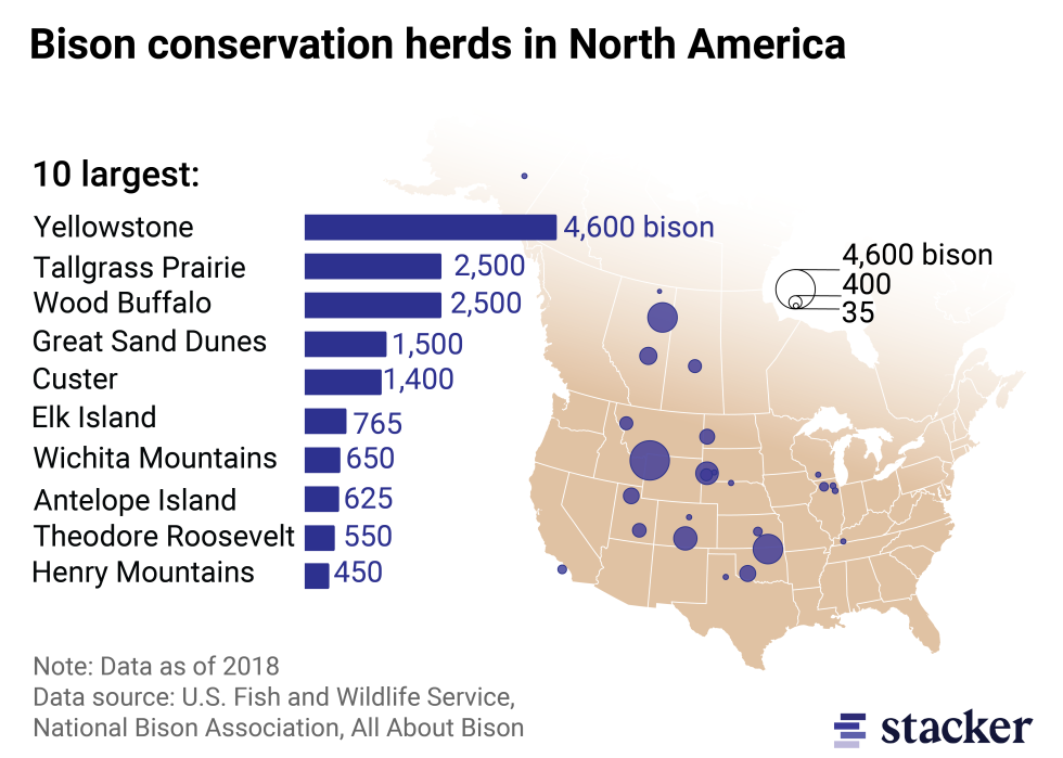 Bubble map and bar chart showing largest herds of bison as of 2018