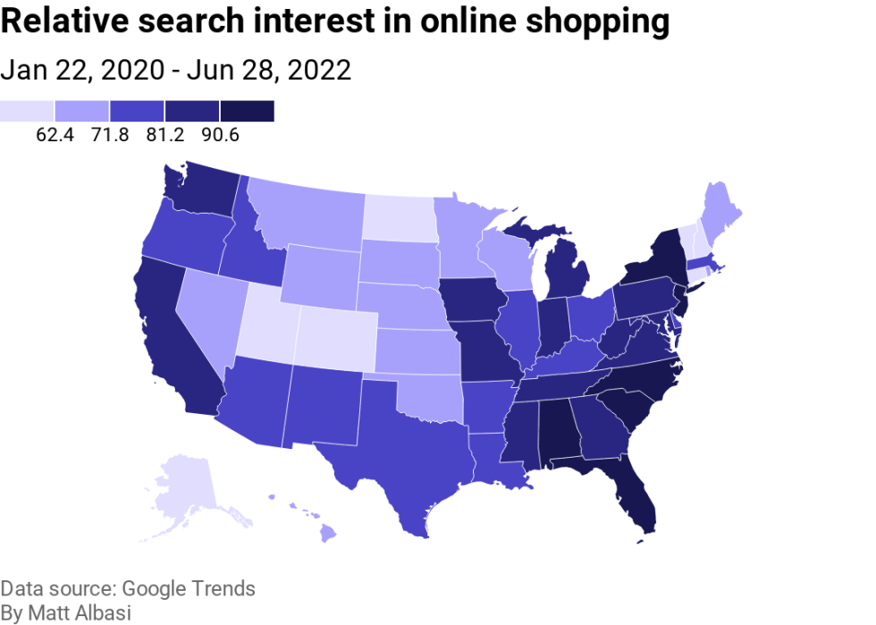 A map showing which regions had the highest interest in online shopping, with highest concentrations in the east