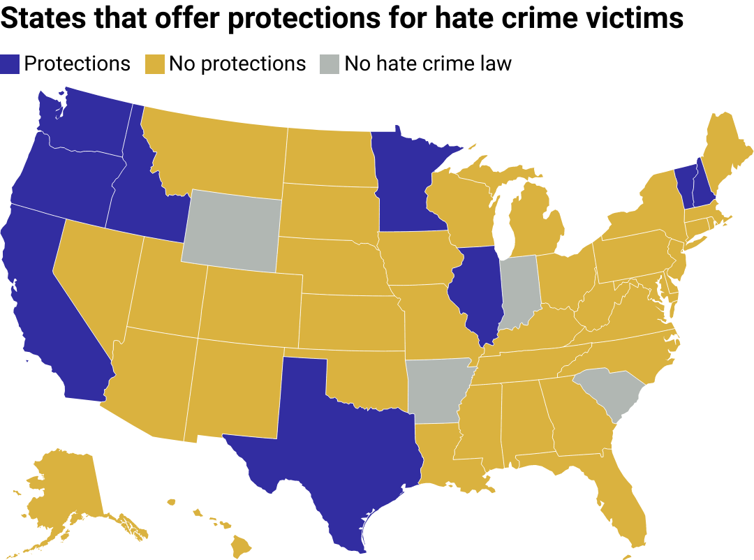 A map of the U.S. showing which states offer protections or support for victims of hate crimes