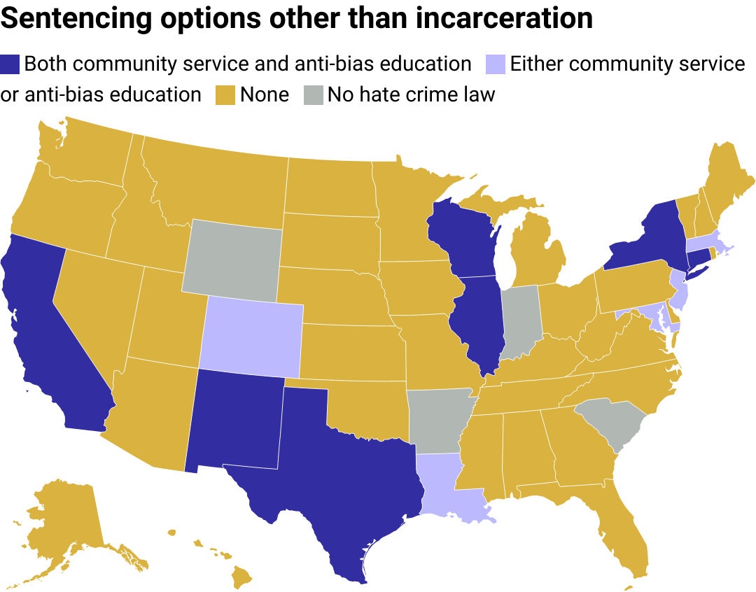 A map of the U.S. showing which states have additional sentencing options beyond incarceration