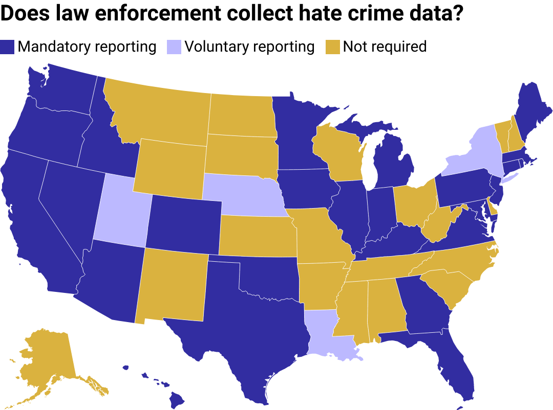 A map of the U.S. showing which states require law enforcement to collect and report data on hate crimes
