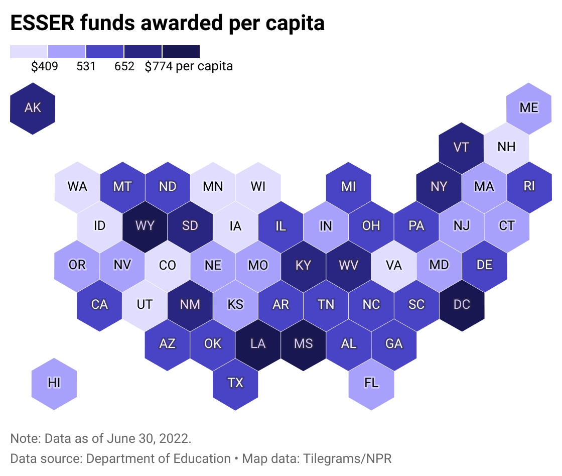 Hexbin state map of per capita ESSER funds awarded in response to the COVID-19 pandemic.