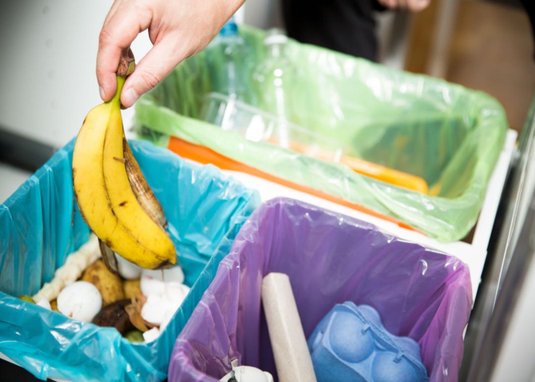 Person placing plastic bottle in recycle bin