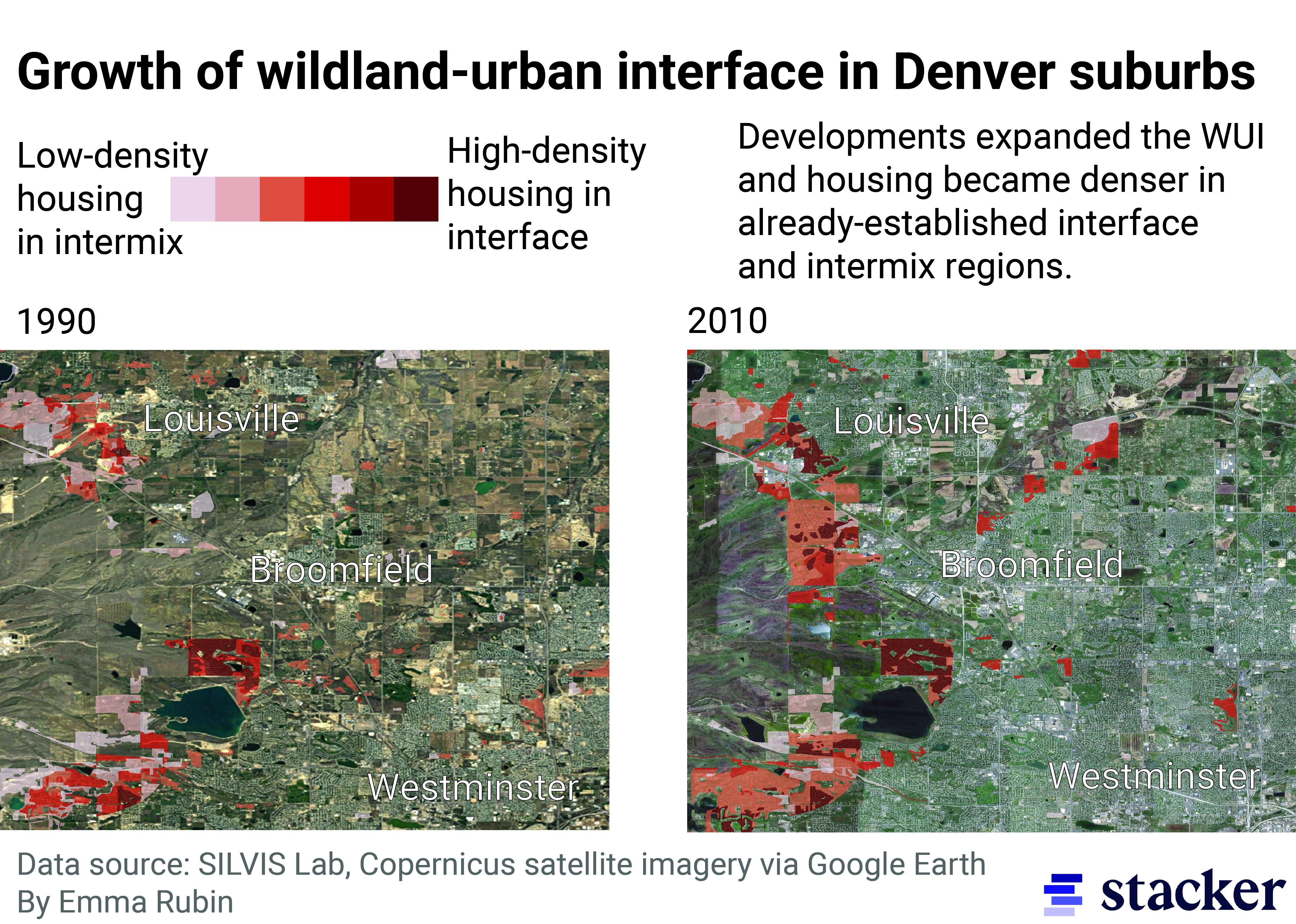Side-by-side satellite imagery of Broomfield County, CO between 1990-2010 with the growing wildland-urban interface highlighted