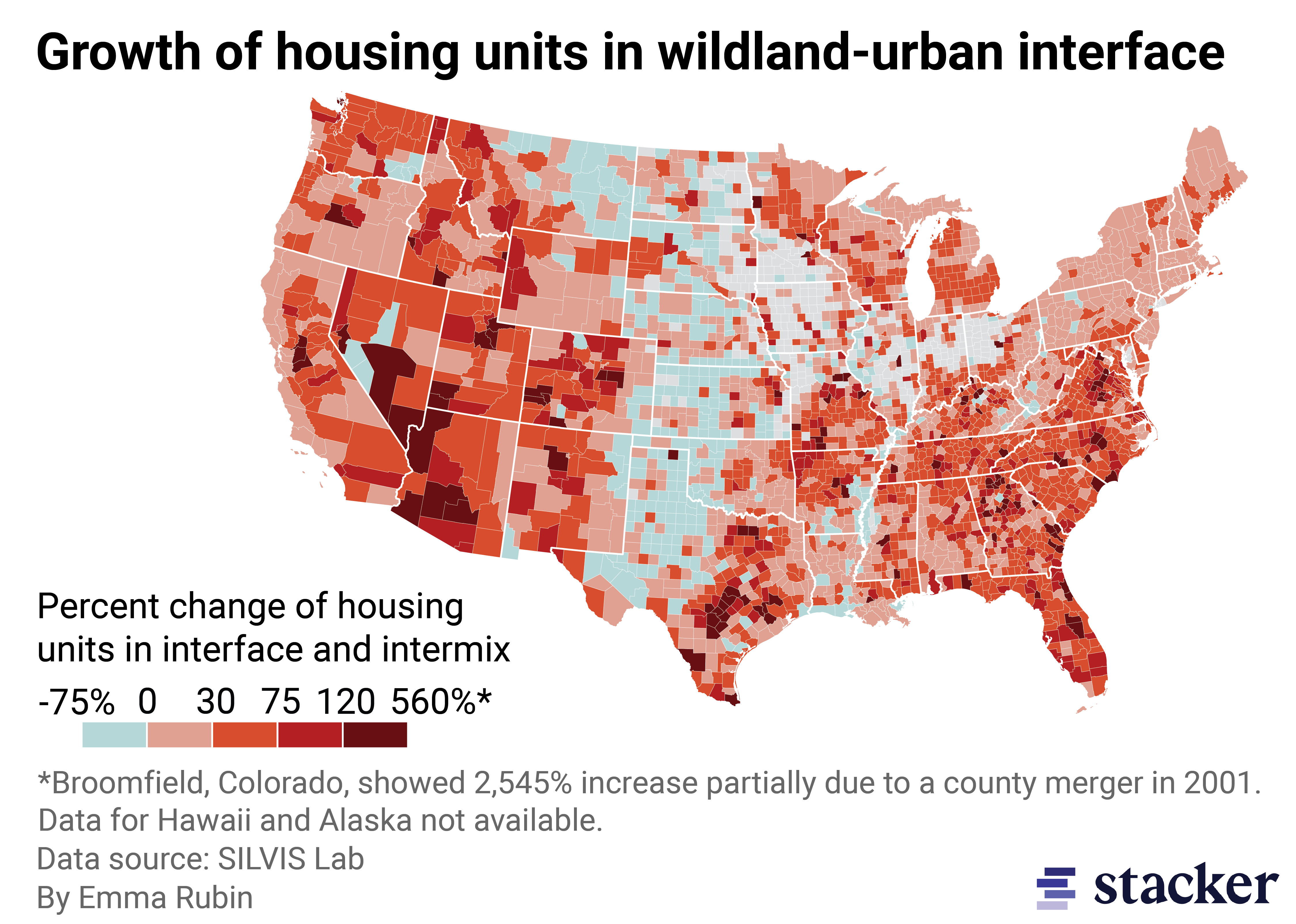 County map showing the growth in the number of housing units located in the wildland-urban interface