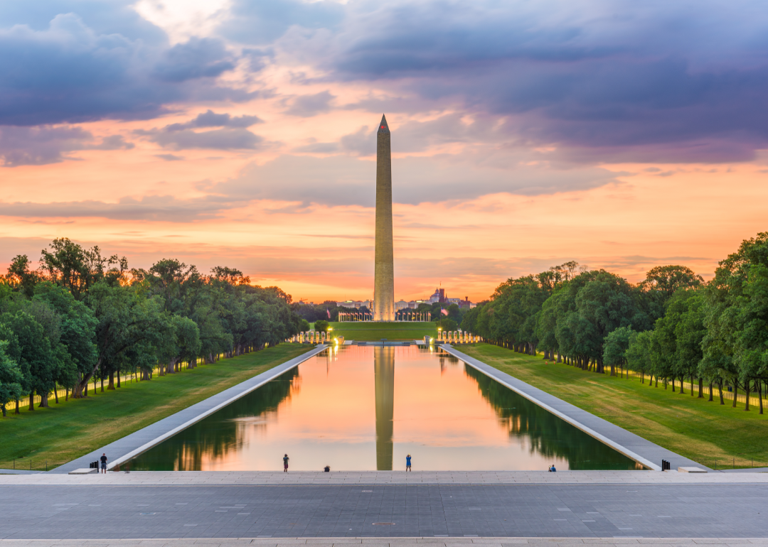 The Washington Monument at sunset with the mall and reflecting pond stretched out before it.