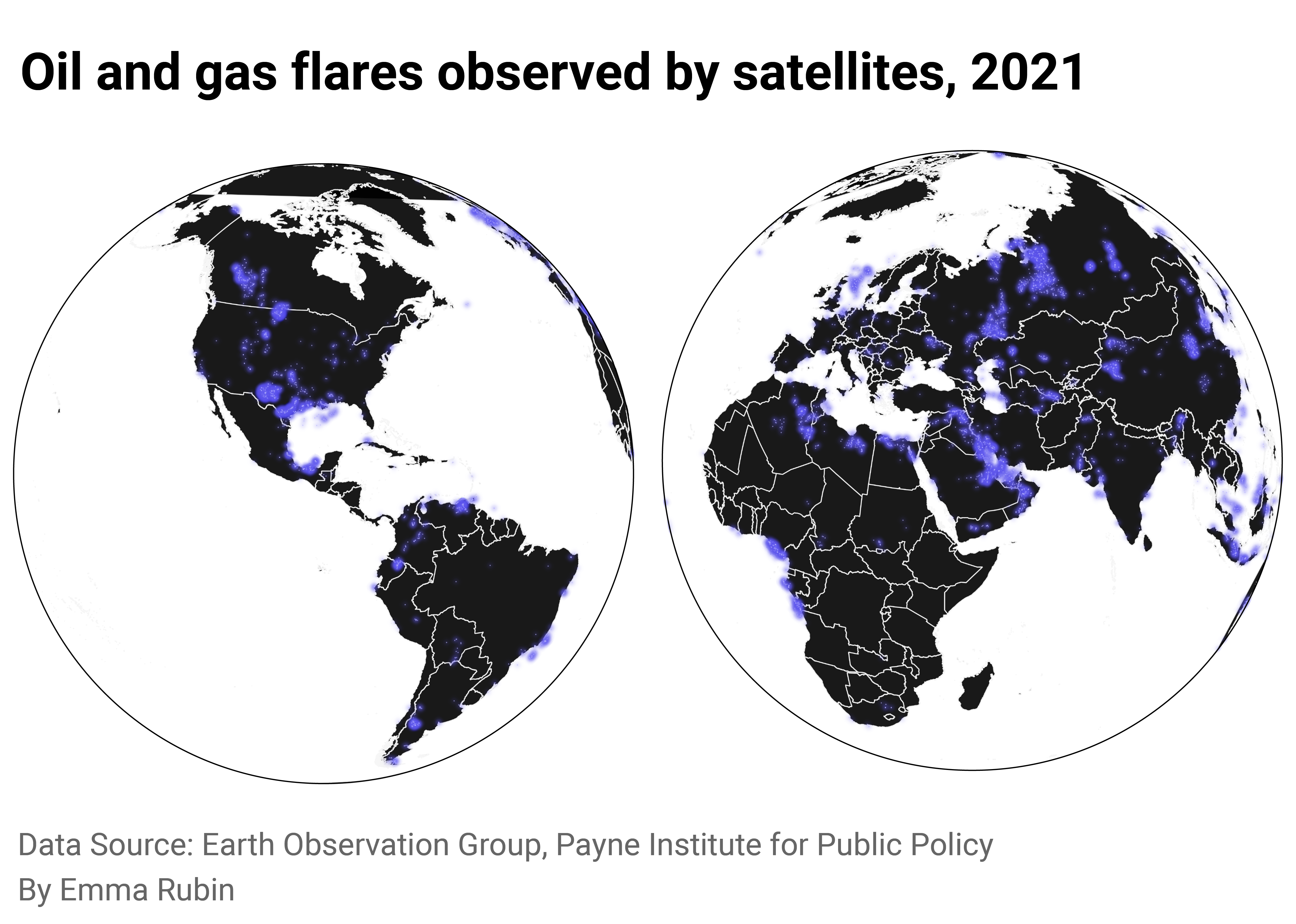 Global map showing dots where gas flaring happened during 2021