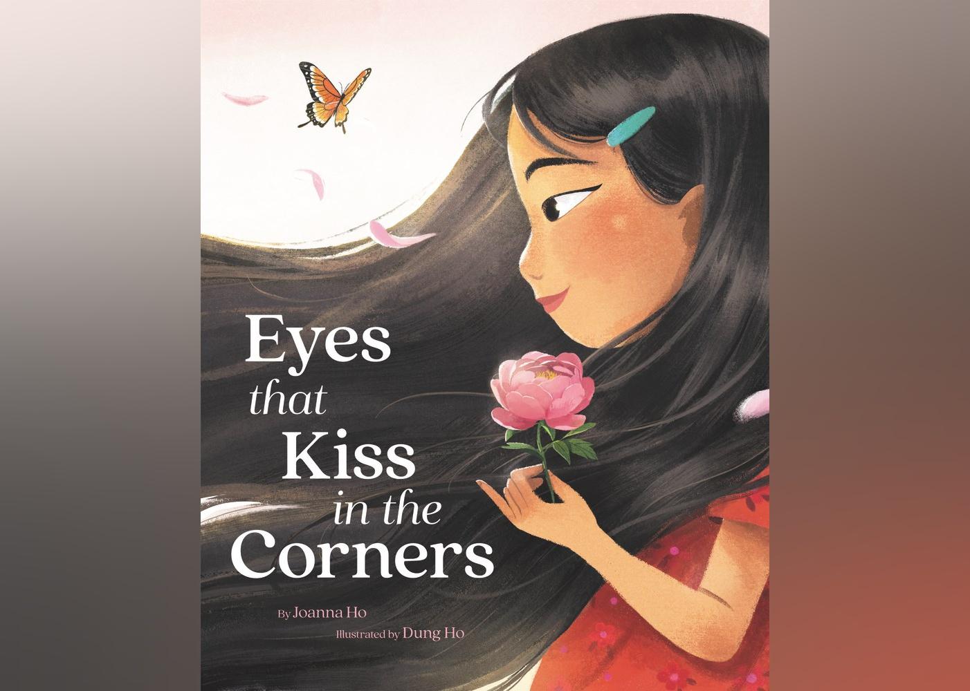 The cover of "Eyes That Kiss in the Corners" features a young Asian girl holding a pink flower with a butterfly flying near her.