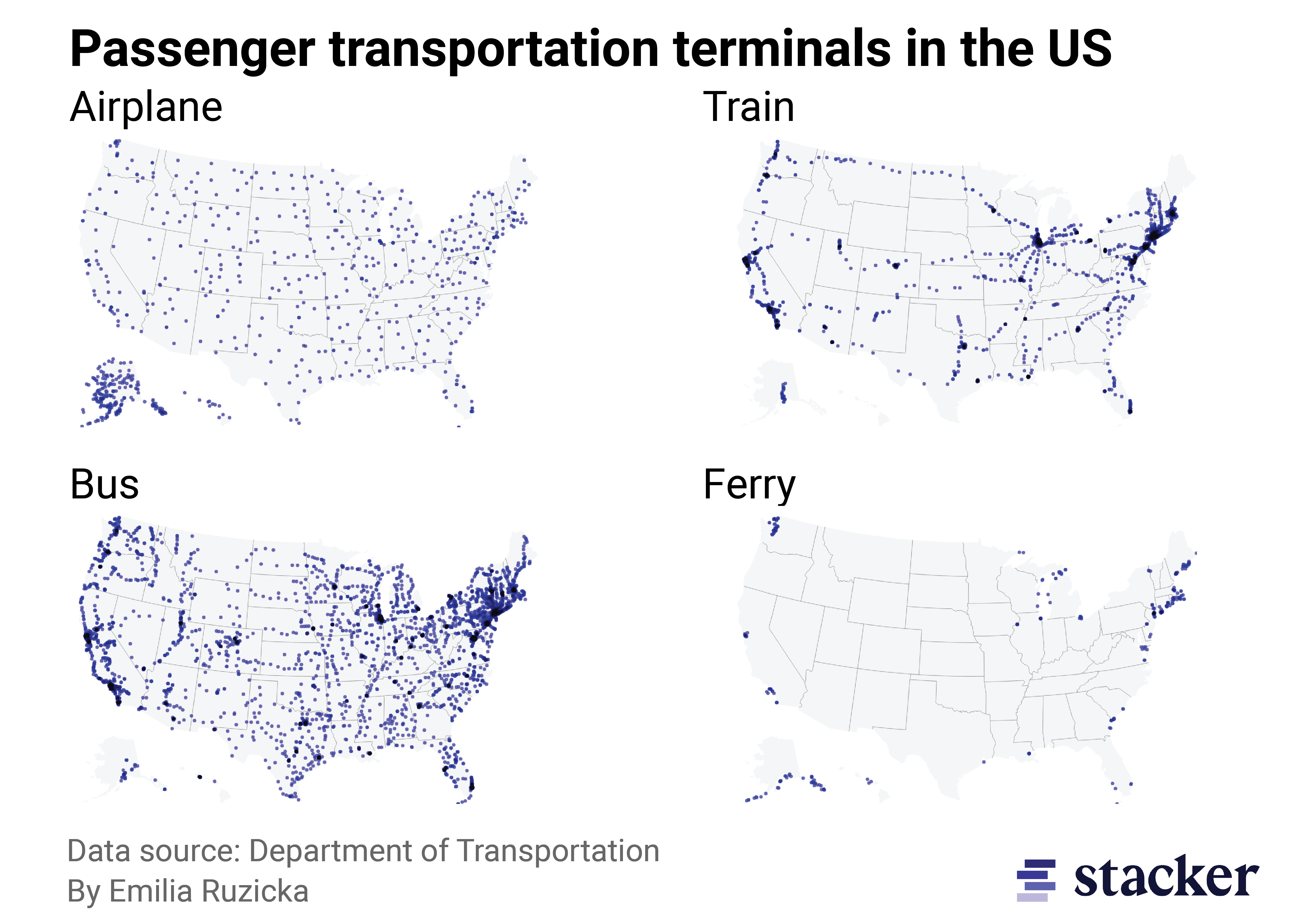 Four state-level maps of the U.S. showing passenger terminals for airplanes, trains, buses, and ferries.