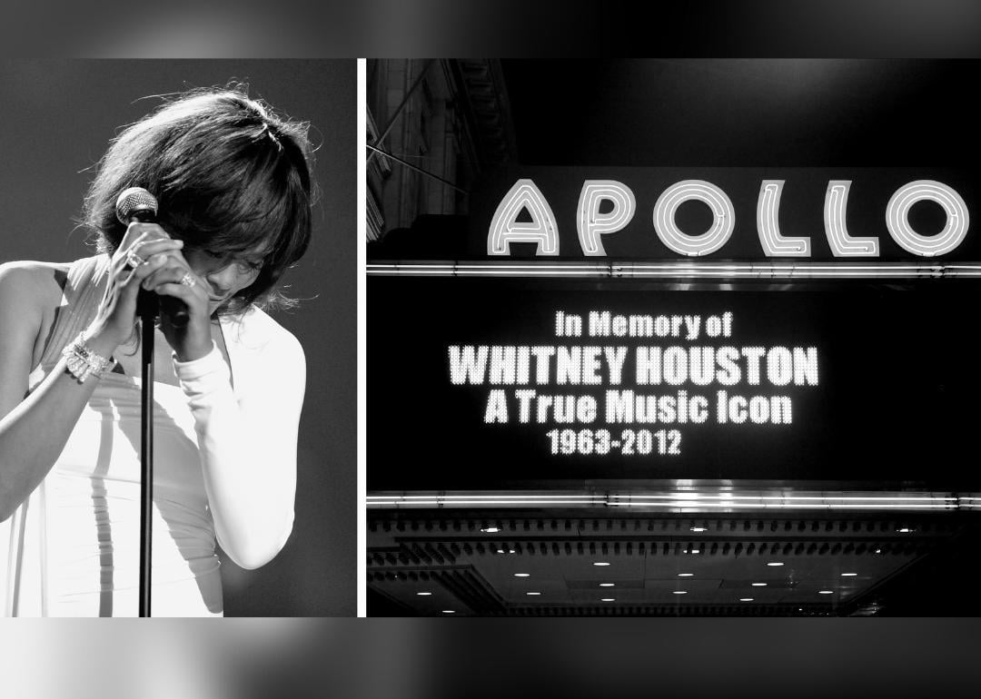 Composite image with photo of Whitney Houston performing and Marquee at the Apollo announcing her death.