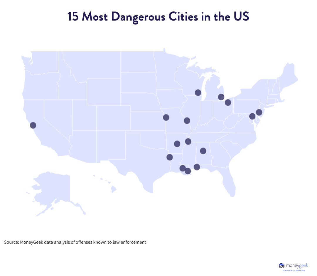 Map of the United States showing the top 15 most dangerous cities in the country.