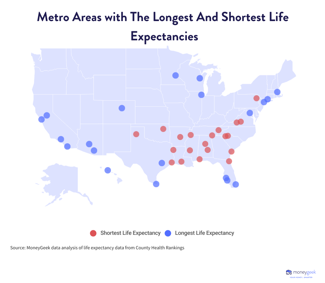 US map showing 20 metro areas that have shorter life expectancies.