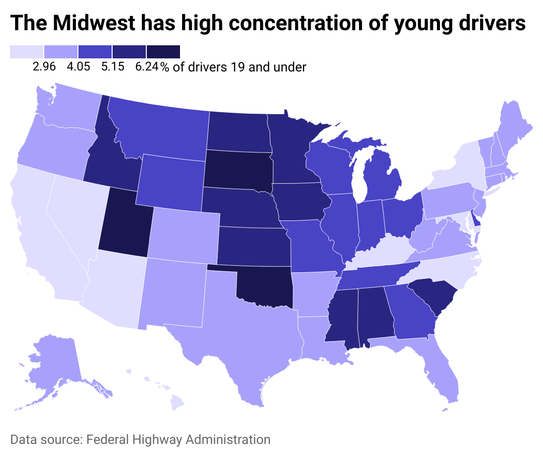 Map of 50 states featuring percent of drivers 19 and under.