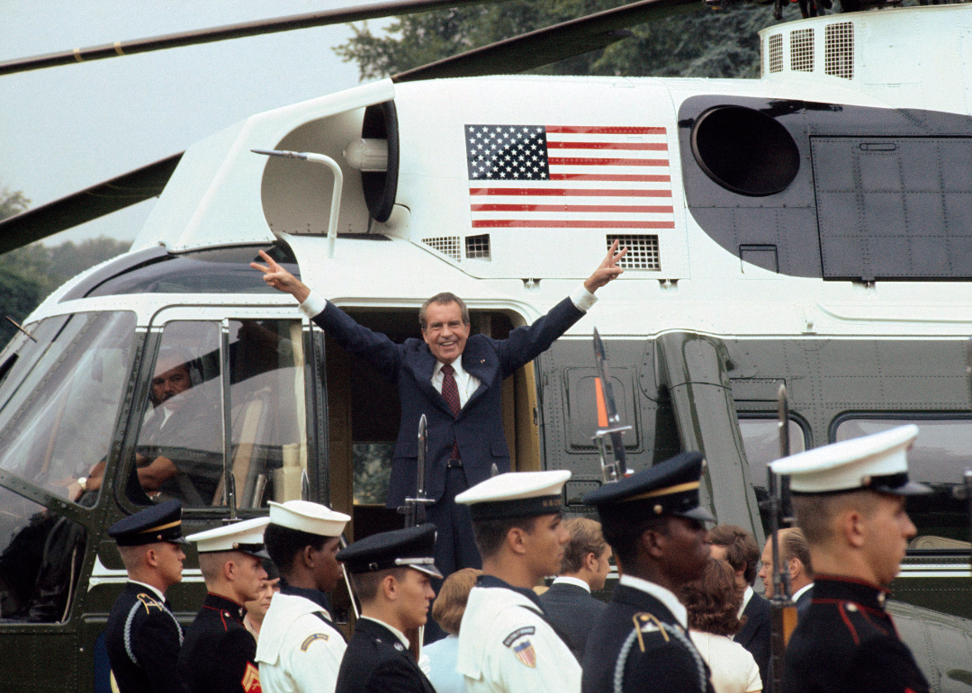 Richard Nixon boards the White House helicopter after resigning the presidency.