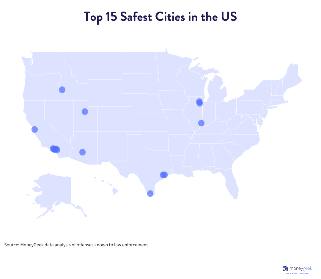 Map of the United States showing the top 15 safest cities in the country.