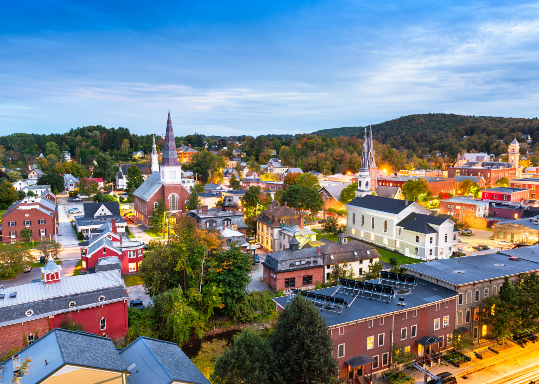 An aerial view of Montpelier, Vermont at dusk.