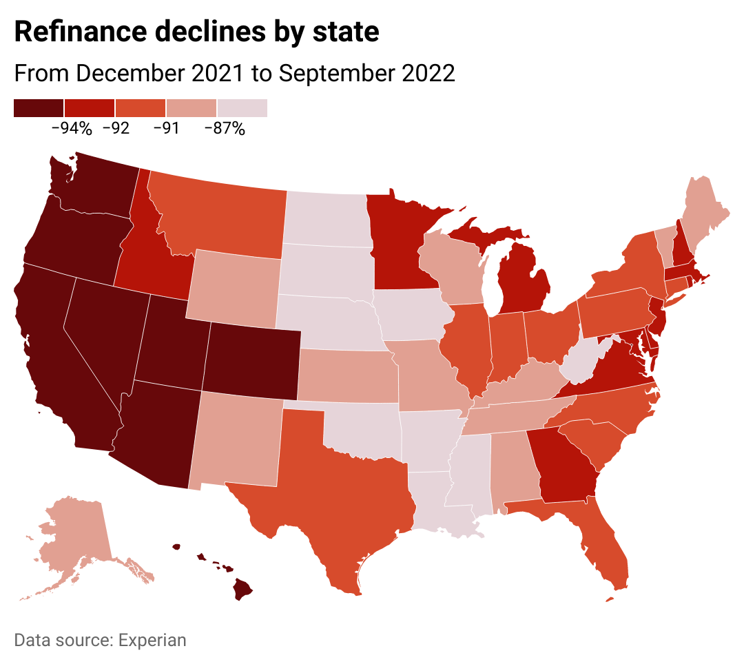 A map showing which states have recorded the biggest decrease in mortgage refinancing between December 2021 and September 2022.
