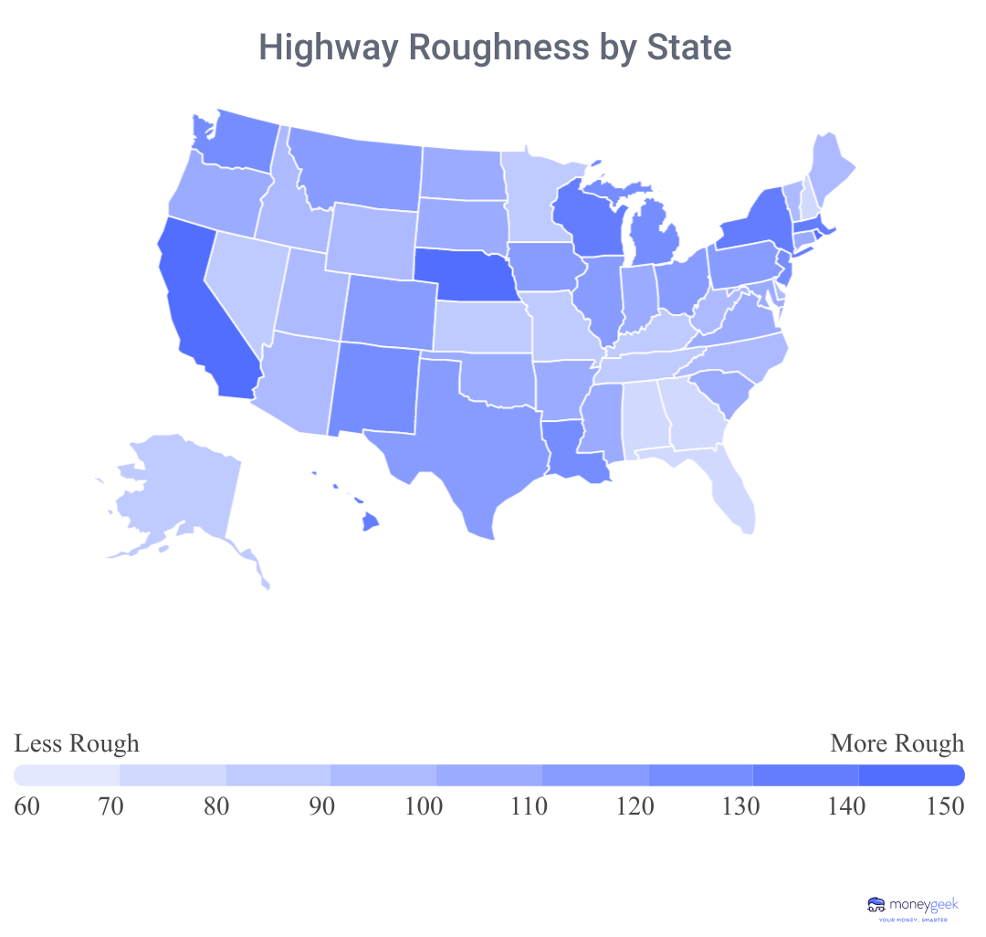 A colored U.S. map showing highway roughness by state.  