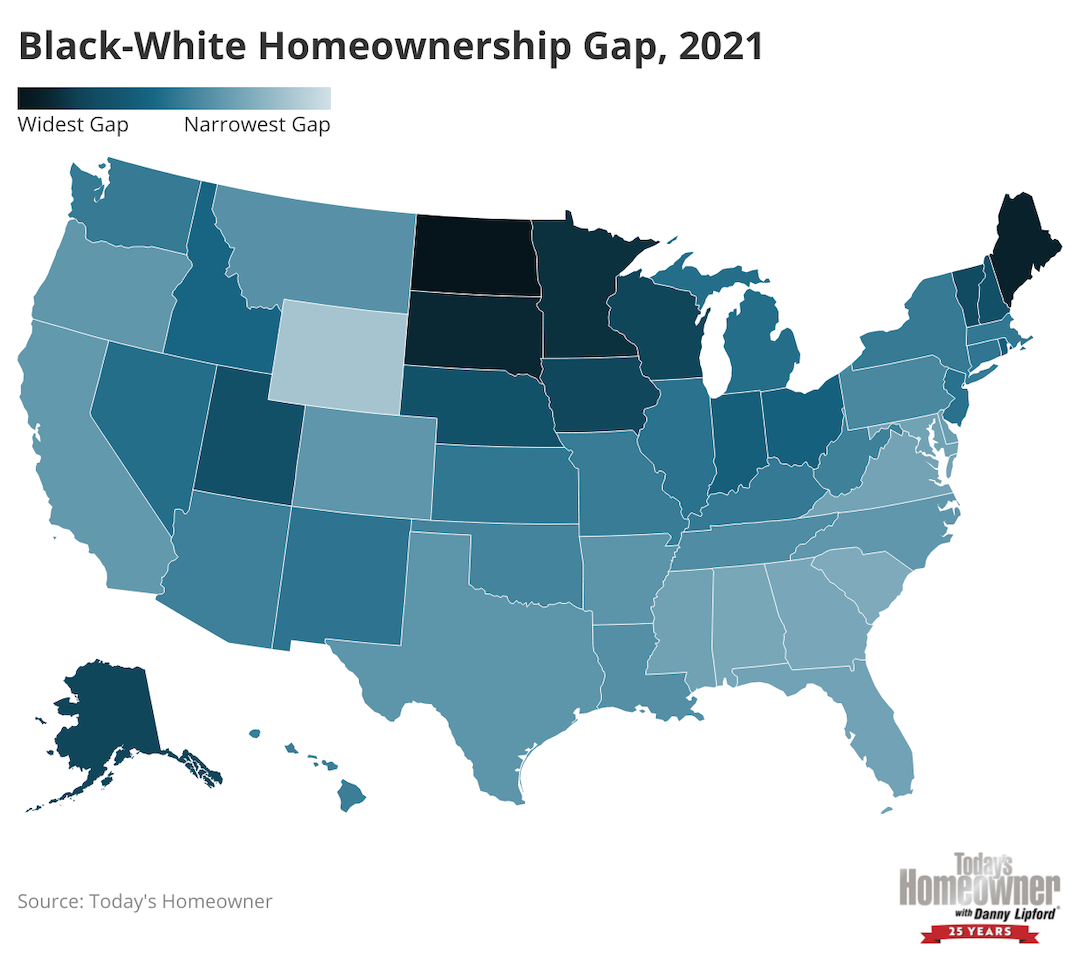 U.S. map showing how states compare by black and white homeownership gaps.