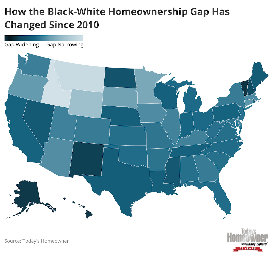 US map showing how states compare by widening and narrowing of white-Black homeownership gap.