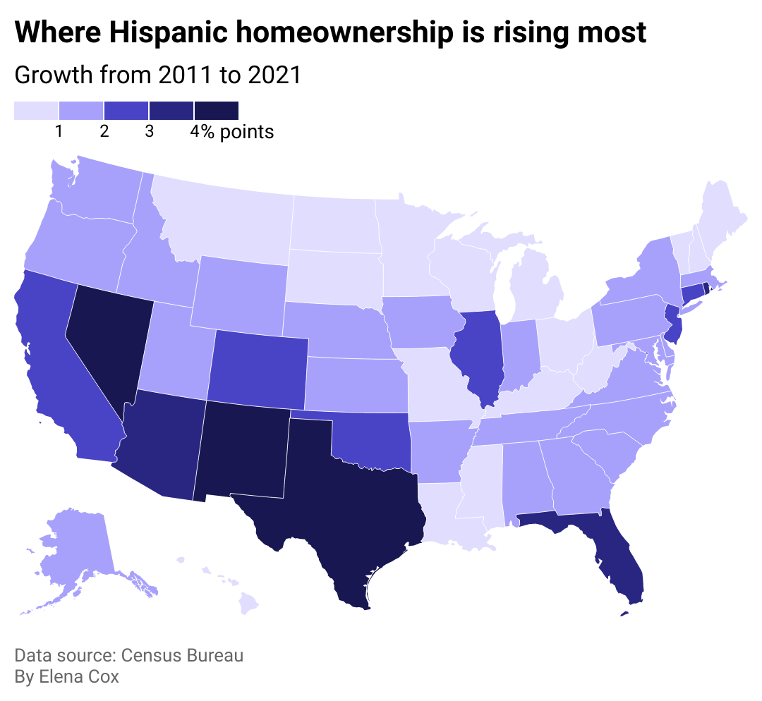 A map showing which states recorded the largest growth in Hispanic homeownership rates.
