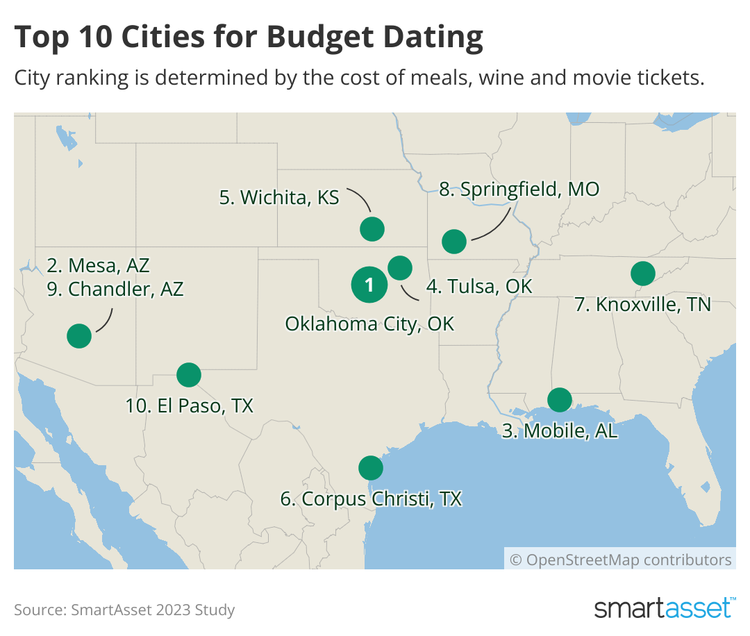 US map showing the top 10 cities for budget dating.