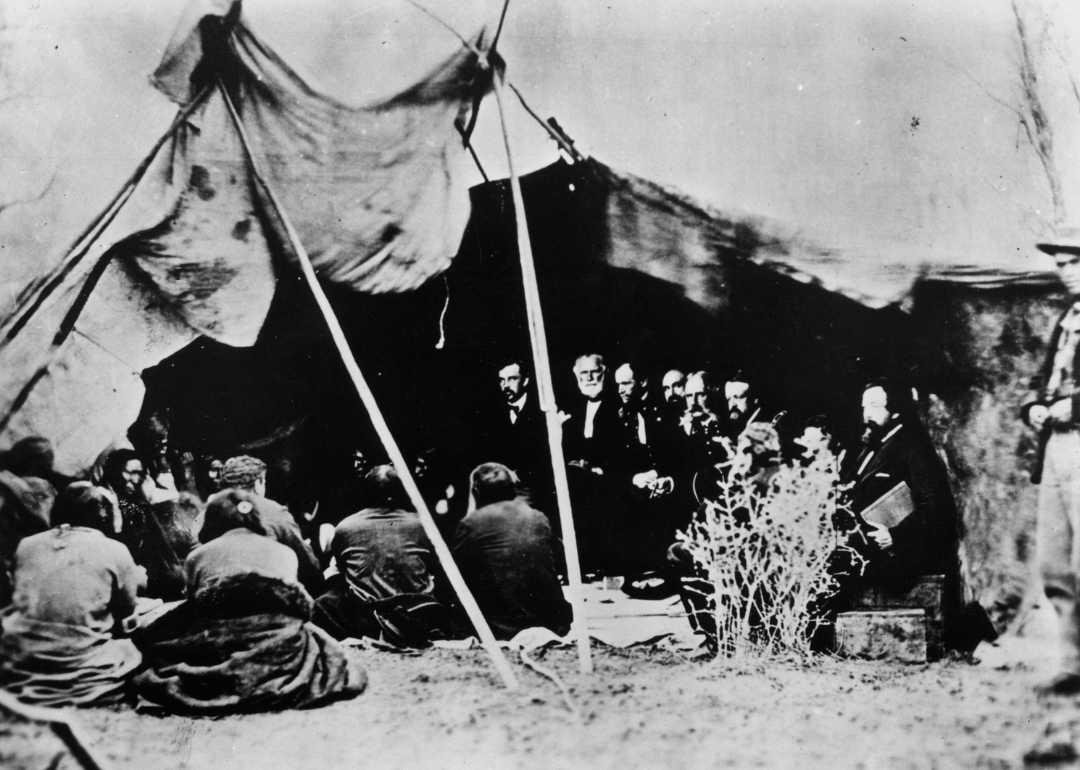 General Sherman and the Peace Commission meet with Cheyenne and Arapaho Indians at Fort Laramie in Wyoming in 1868.