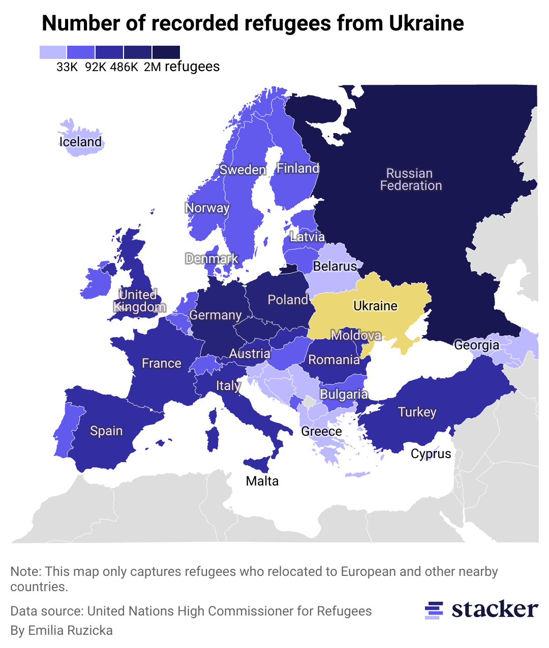 A map showing how many refugees from Ukraine have registered for Temporary Protection or similar national protection schemes in Europe since February 2022.
