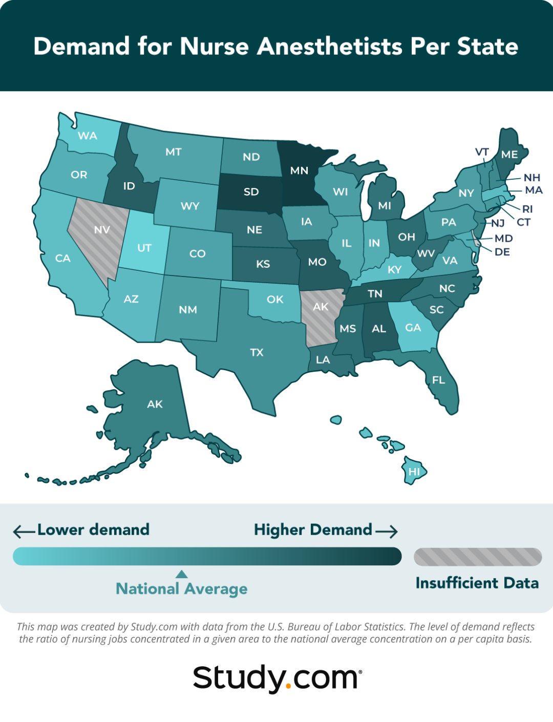 Heat map showing the demand for nurse anesthetists per state.