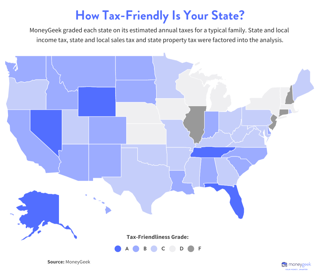 A heat map grading tax-friendly states across the US.
