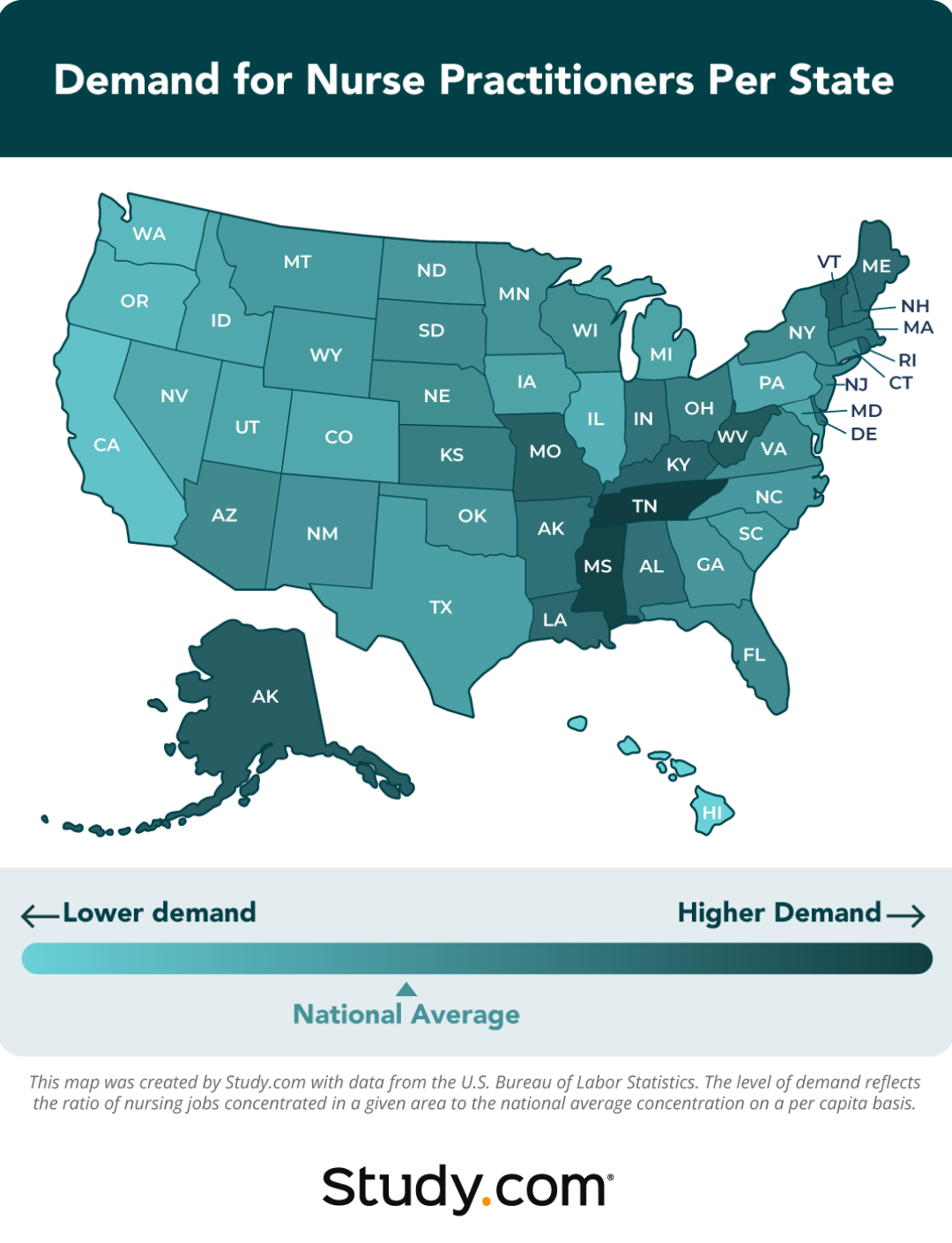 Heat map showing the demand for nurse practitioners per state.