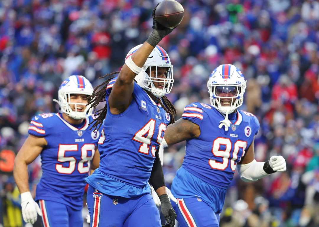Tremaine Edmunds #49 of the Buffalo Bills celebrates after an interception during a game against the New England Patriots at Highmark Stadium on January 08, 2023.
