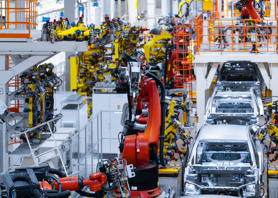 An assembly line in an automotive manufacturing plant.