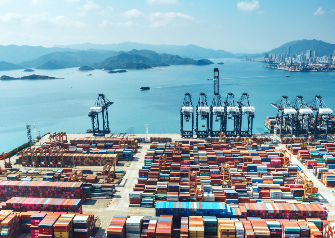 Aerial view of a shipping container port in Shenzhen, China.