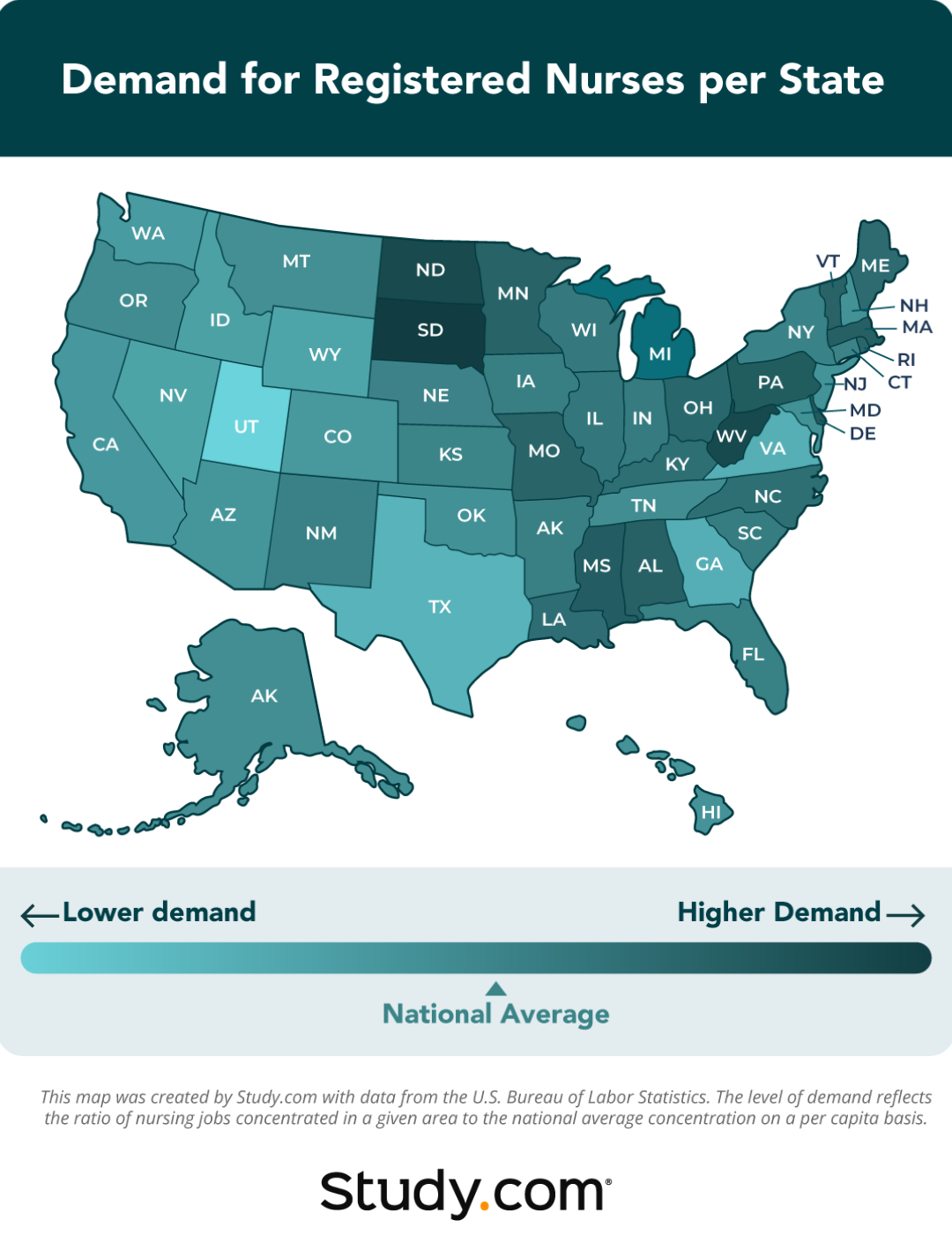 Heat map showing the demand for registered nurses per state.