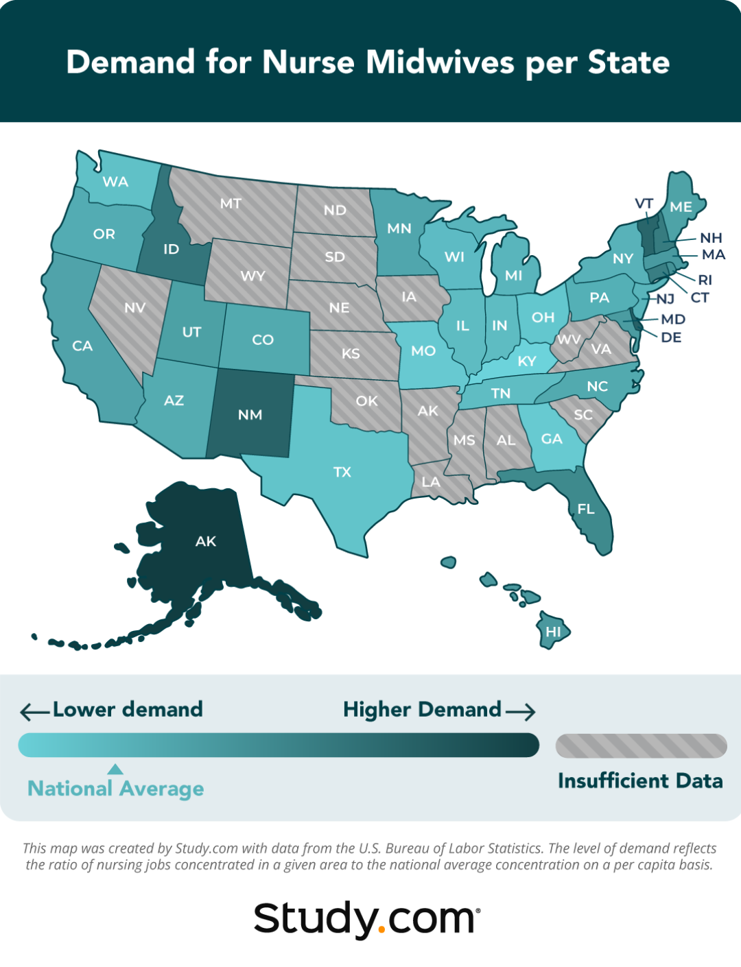 Heat map showing the demand for nurse midwives per state.